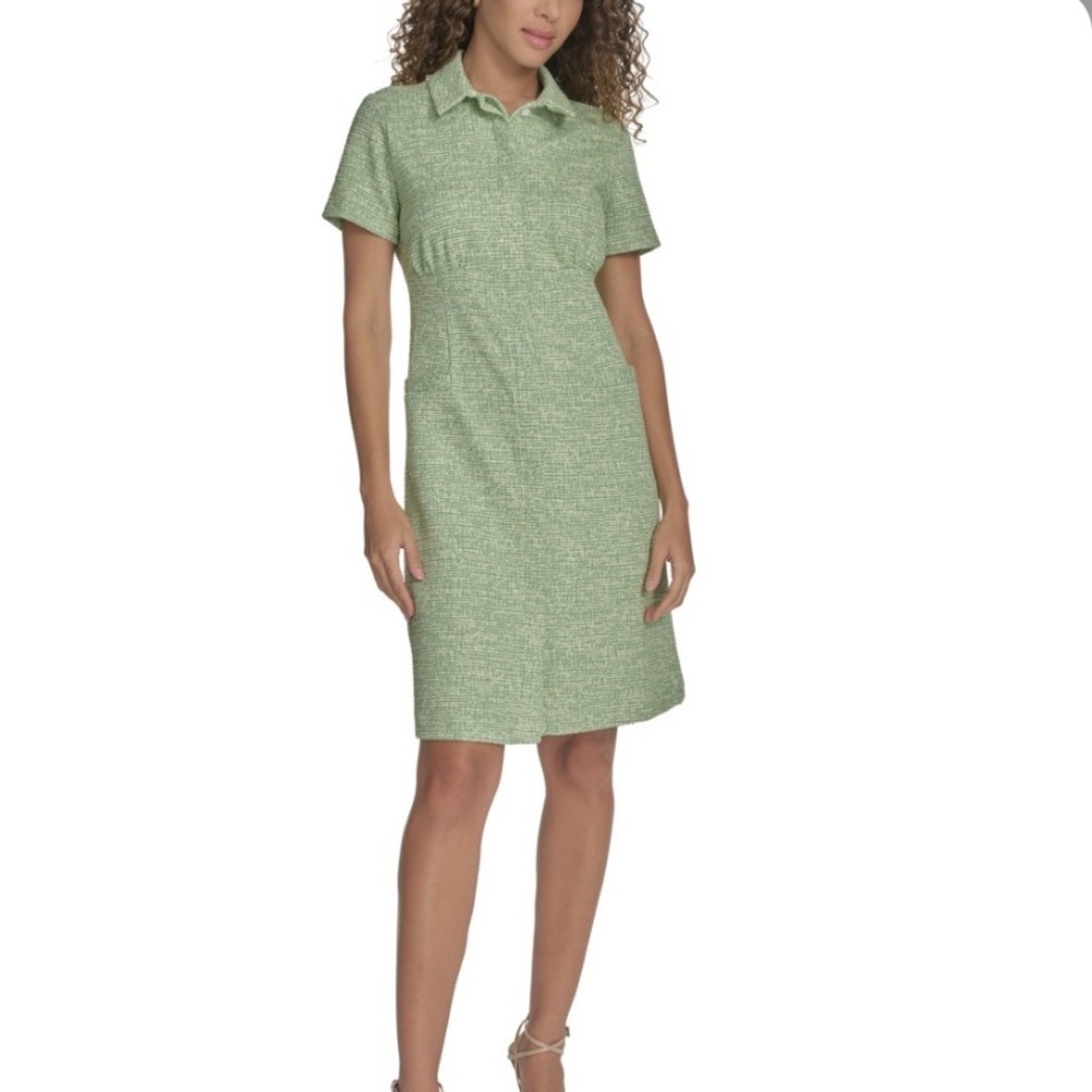 Calvin Klein Sheath Dress Women 12 New Green Tweed Short Sleeve Collared $134